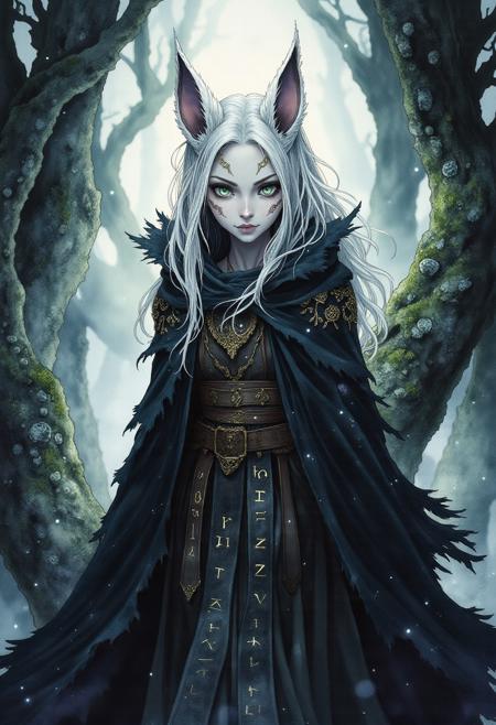Studio Ghibli Dark Fairytale, Portait of a beautiful sorceress with silver hair and animal features on her body. She wears a black robe inscribed with runes. Behind her a mystical and dark forest stretches to the horizon.