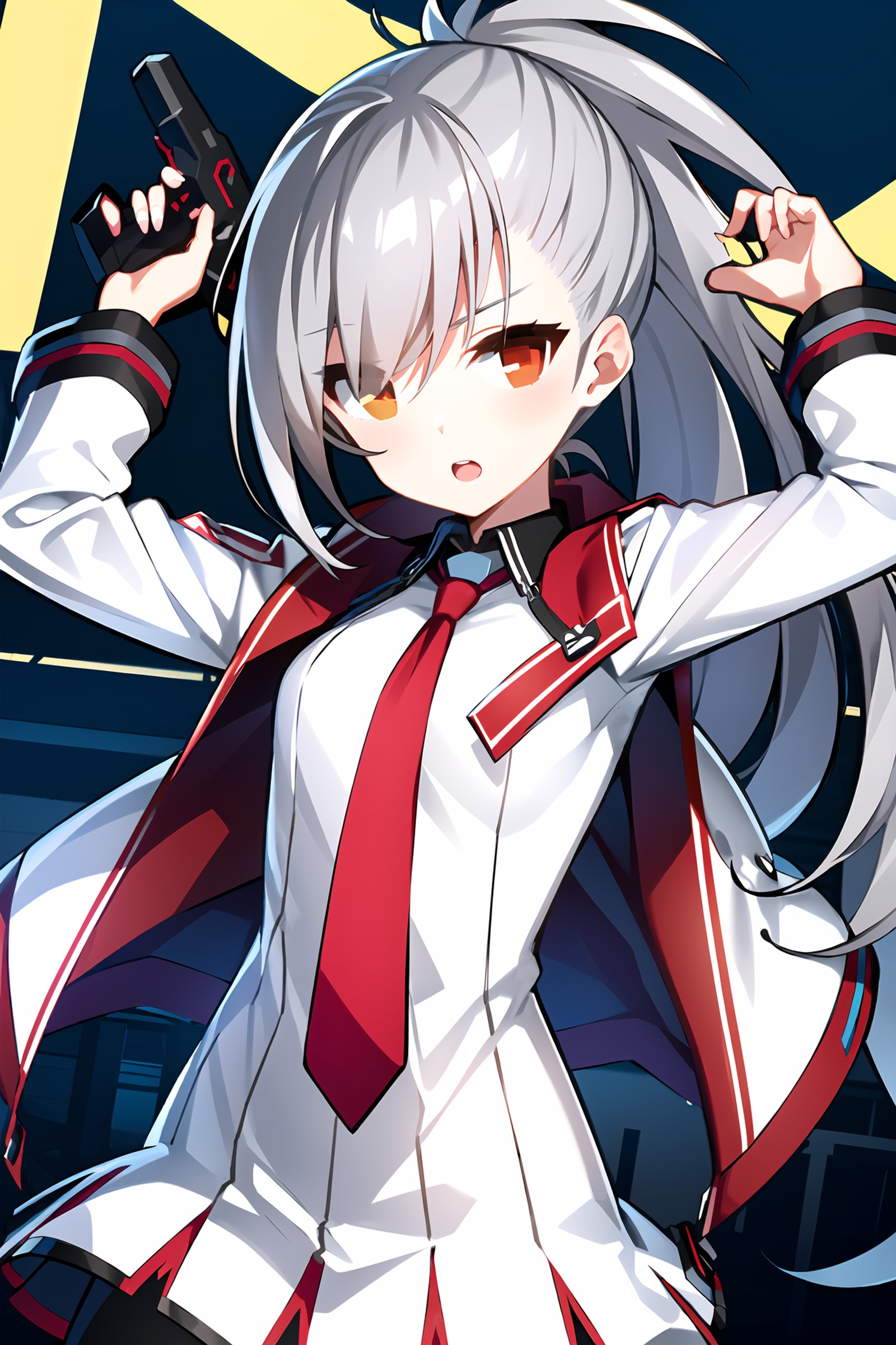 1girl, tina, best quality, standing, white jacket, red undershirt, yellow necktie, long ponytail, silver hair, red eyes