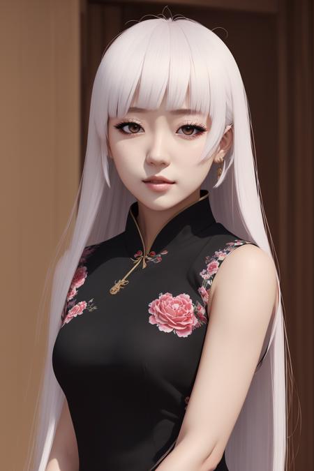 photorealistic, solo, 8k, ((hime style)), masterpiece, absurdly detailed, best quality, 1girl, draped hair, mature woman, white hair, (black qipao), ((upper class)), (very long hair), <lora:hime_style-1.0r8:0.6>