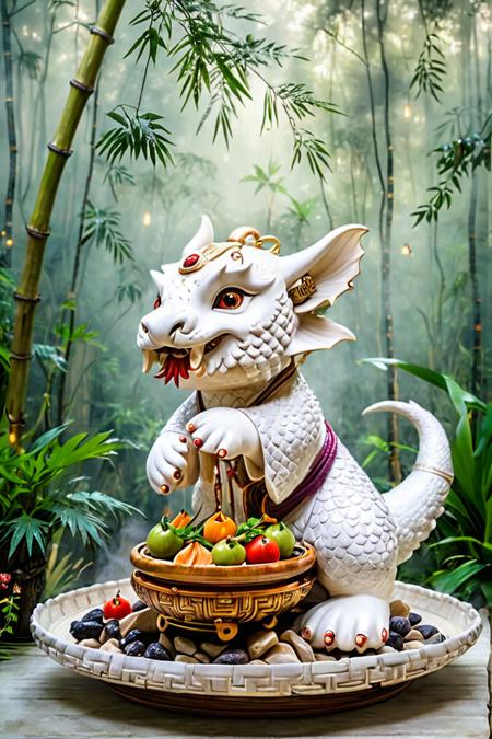 A centrally positioned, cute fluffy white dragon holding a bamboo Tagine, set against a backdrop of a misty forest. The composition is serene with soft, diffused lighting, evoking an Asian aesthetic.