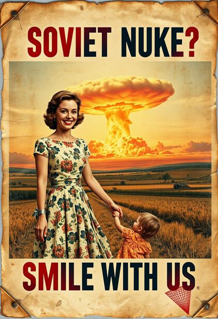 “A decayed, vintage-style poster from 1957, weathered and torn, depicting a surreal American country scene. The faded image shows a woman in a floral-patterned 1950s dress holding her young daughter’s hand, her wide, mad smile radiating an eerie charm. In the far background, a massive nuclear mushroom cloud dominates the sky, with fiery orange fireballs at its base and visible blast waves rippling through the landscape. The poster’s bold text, ‘SOVIET NUKE?’ across the upper section and ‘SMILE WITH US’ in the lower section, is faded, smeared, and inked with scribbles and stains. The paper appears rotten, with tears, creases, and discolored edges, evoking a haunting sense of abandonment and decay, adding to the unsettling atmosphere of the piece.”