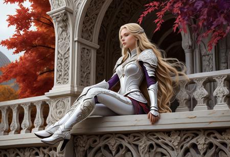 Highly detailed and dramatic digital artwork featuring a fantasy scene. The layout is vertical, focusing on a beautiful female character seated on a stone balcony adorned with intricate carvings. The woman has a long, flowing blonde hair and fair skin, wearing a detailed, futuristic white and silver armor with ornate designs over her curvy alluring body. Her expression is serene and contemplative. The background includes a stone archway with red and purple autumn leaves cascading around, adding a vibrant contrast to the scene. The overall color palette is a mix of soft whites, grays, and warm autumn hues, creating a harmonious and ethereal atmosphere.