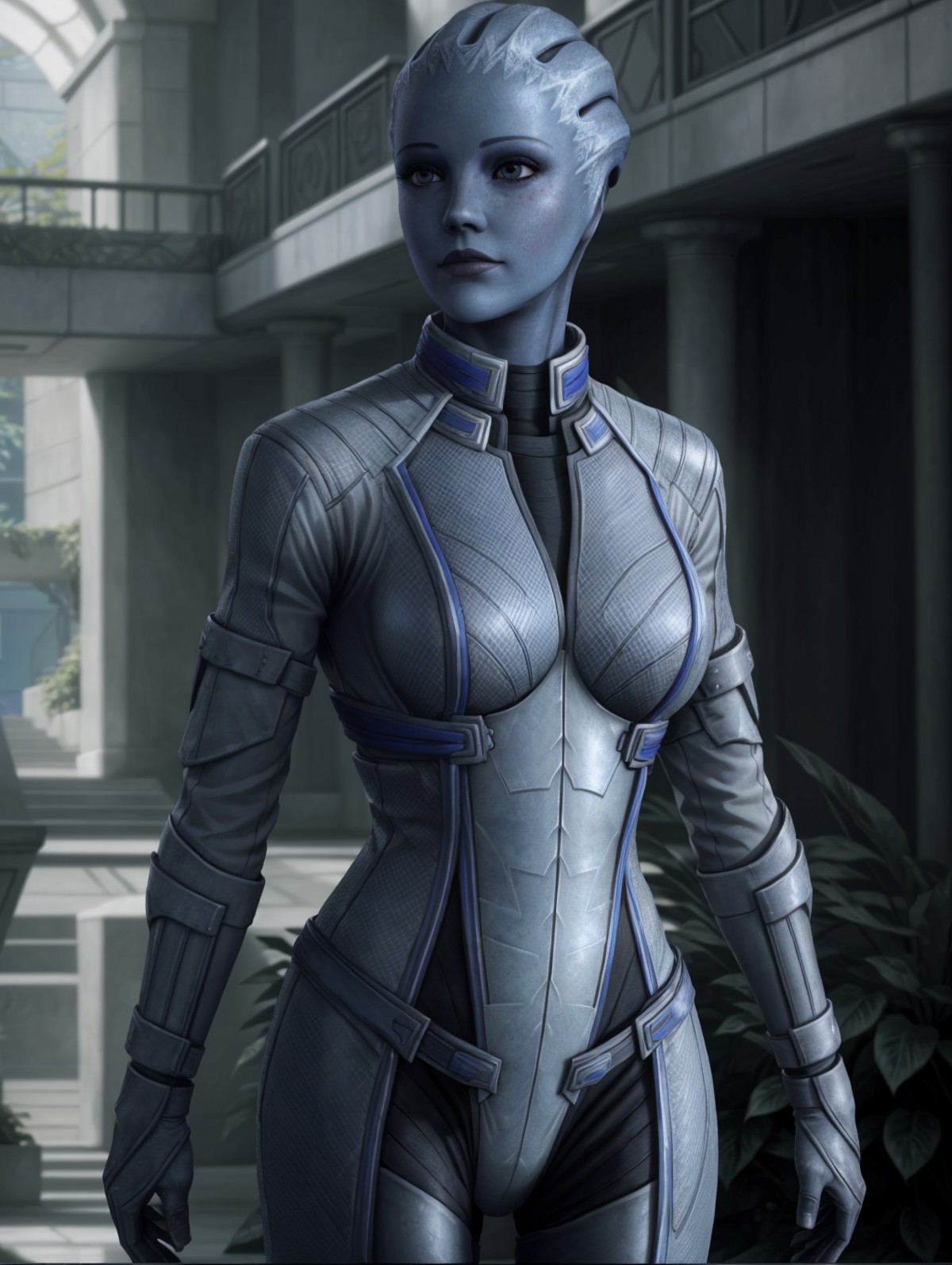 masseffectliara posing holding her hip with her hands in a atrium with plants in the background, cute face, realistic armo...