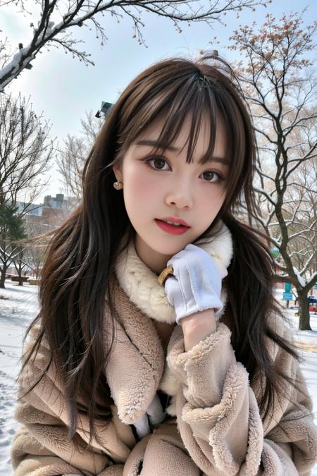 1girl, bare_tree, brown_eyes, brown_hair, building, coat, cross_earrings, earrings, fur, fur-trimmed_coat, fur_collar, fur_scarf, fur_trim, jewelry, lips, long_hair, looking_at_viewer, outdoors, snow, snowing, solo, tree, upper_body, winter, winter_clothes,