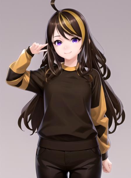 best quality, (masterpiece),(ultra-detailed), (high quality), (high resolution), <lora:kiarafey-10:0.7>,1girl, ahoge, black background, blonde hair, brown hair, closed mouth, kiarafey, long hair, multicolored hair, purple eyes, simple background, smile, solo, streaked hair, sweater,pants