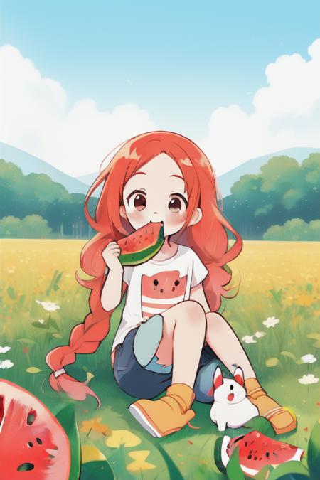 In the summer, in a watermelon field, a 5-year-old girl is wearing a red and white striped T-shirt, denim shorts, long hair, two braids, slanted bangs, a round face, big eyes, pure and cute, smiling. Sitting by the field, she happily eats a red and red watermelon, with a cute white Samoye next to her. The sky is clear and sunny, with 8k resolution and high-definition image quality, and children's illustrations, masterpiece, best quality,