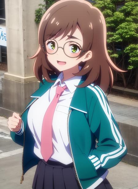 masterpiece, best quality, ultra-detailed, illustration,  <lora:yuzuriha_maimai-10:0.8>, yuzuriha_maimai, thick eyebrows, brown hair, green eyes, medium hair, glasses, round eyewear, track jacket, green jacket, open jacket, white shirt, collared shirt, shirt tucked in, pink necktie, pleated skirt, black skirt, outdoors, japanese, teen, upper body, naughty face, anime screencap