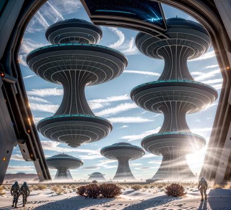 "A colossal futuristic research facility rising from a crystalline desert under a twilight sky, designed with intricate sci-fi architecture featuring illuminated corridors, layered metallic towers, holographic energy fields, massive observation windows, and bioengineered gardens integrated into the structure. The scene is alive with faint mist, scattered light reflections, and dynamic shadows. Emphasize hyper-realistic textures: brushed steel, frosted glass, organic flora merging with machine elements, all lit by surreal ambient lighting. Cinematic perspective, ultra-detailed environment, extreme realism, majestic atmosphere, immersive depth."