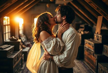 A romantic and intimate scene unfolds in a quaint, old attic, where a loving couple shares a tender kiss. The warm, golden light of a setting sun filters through the dusty, grimy windows, casting a soft, nostalgic glow on the pair. The air is thick with the scent of aged wood and forgotten memories.
The woman, with long, curly brown hair and a gentle smile, is dressed in a flowing, vintage-inspired dress with intricate lace details, its soft folds rustling against the rough, wooden floorboards. Her eyes are closed, lost in the moment, as she wraps her arms around her partner's neck, pulling him close.
The man, with a strong jawline and a hint of stubble, is dressed in a worn, white shirt with billowy sleeves, his dark hair tousled and unkempt. His eyes are also closed, his face tilted upwards, as he deepens the kiss, his hands cradling the woman's face.
The attic around them is cluttered with old trunks, dusty boxes, and forgotten relics, but the couple is oblivious to their surroundings, lost in the passion of the moment. A faint, golden light dances across their faces, casting a warm, romantic glow on the scene.
The style is reminiscent of a soft, impressionist painting, with delicate brushstrokes and a dreamy, ethereal quality. The atmosphere is intimate and romantic, with a sense of nostalgia and longing. The camera captures the moment in a close-up shot, with a shallow depth of field, focusing attention on the couple's tender kiss.