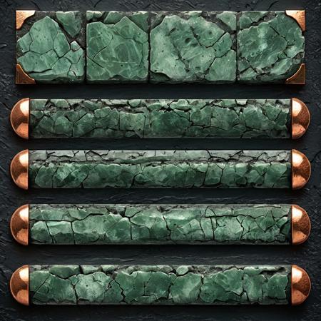 Hyper-realistic, detailed, intricate, flat texture, game item, dark gray-green stone round bar with copper edges, centered, simple black background