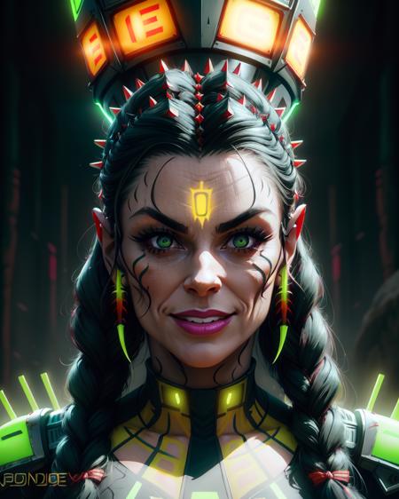 solo, woman with detailed braided hair with ribbon spikes, close up shot, detailed face, (kendralust) <lora:kendralust_v2:1> as an alien queen lord, full green runic face paint, sigils, runes,[green|yellow] skin, (red yellow glowing reptile eyes), (cybernetic robotic lower jaw mouth), in front of abandoned temple, wearing a detailed spiky chin strap carapace metal with jaw and ears covered, looking at viewer, crazed evil gleeful smile, masterpiece, professional, high quality, beautiful, painting, detailed background, neon lighting, sci-fi, futuristic