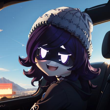 (8k uhd, masterpiece, best quality, high quality, absurdres, ultra-detailed, detailed background) Uzi, glowing eyes, purple eyes, happy, driving a censna in the sky, beanie, cockpit view, looking behind at the viewer, blue sky, clear sky, visible ground, cluouds, back lighting, rim light,  <lora:Murder-DronesV1R:0.9> <lora:epi:1>