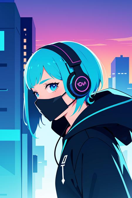 Comic style, illustration, line art style, (frontal view, facing viewer:1.2), centered, masterpiece, face portrait, | 1girl, solo, aqua hair color, short hairstyle, light blue eyes, | (neon wireless headphones headset:1), (black neon futuristic mouth mask:1), dark blue hoodie, sunset, buildings, urban scenery, depth of field,futuristic city lights, neon lights | bokeh,<lora:GoodHands-vanilla:1>,