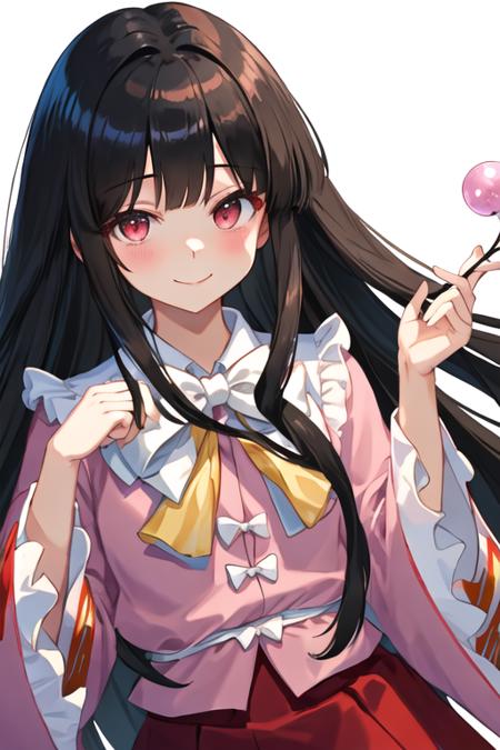 best quality, masterpiece, highres, solo, {houraisan_kaguya_touhou:1.15}, long_hair, black_hair, very_long_hair, bow, smile, bangs, red_eyes, brown_eyes, 1girl, shirt, closed_mouth, frills, looking_at_viewer, pink_shirt, bowtie, hime_cut, blunt_bangs, long_sleeves, simple_background, upper_body, wide_sleeves, white_bow, black_eyes, japanese_clothes, white_background, white_bowtie