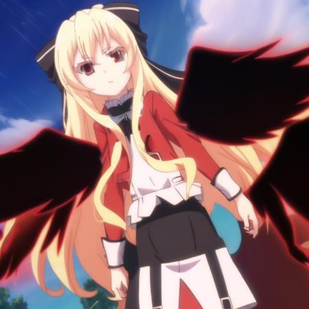 mondaiji-leticia, red jacket skirt black wings, bow, blonde hair, long hair, hair between eyes, red eyes, full body, solo, 1girl, outdoors <lora:mondaiji-leticia:0.9>