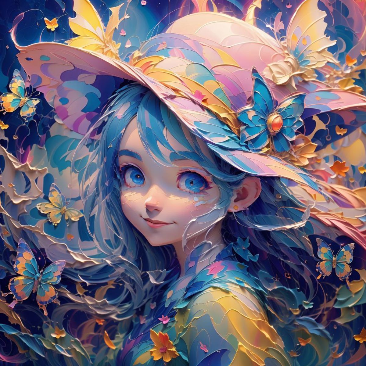 A beautifully illustrated woman wearing a colorful hat and surrounded by butterflies.