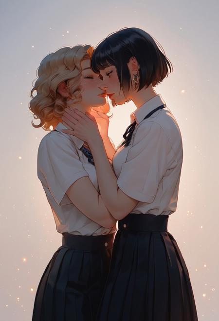 score_9, score_8_up, score_7_up, score_6_up, score_5_up, rating_safe, source_anime, (cinematic lighting:1.3), (soft glow:1.3), (romantic ambiance:1.4), highly detailed, 2girls, yuri romance, (tall athletic girl:1.4), (short petite girl:1.4), different body types, long wavy blonde hair, short bob black hair, (intense eye contact:1.5), (blushing:1.4), delicate hand holding, (warm smiles:1.3), matching school uniforms, flowing skirts, (gently swaying hair:1.2), cherry blossoms in motion, golden sunset, (soft lens blur:1.3), anime bokeh, pastel color palette, high detail fabric folds, (cinematic framing:1.3), (emotional depth:1.4), dramatic sky, soft breeze, romantic anime illustration.