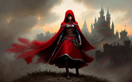 digital painting of Little Red Riding Hood as a badass assassin on a medieval battlefield, gritty, gloomy, soft focus, studio quality, detailed, cinematic lighting, ambient occlusion, volumetric lighting, armor, distant castle