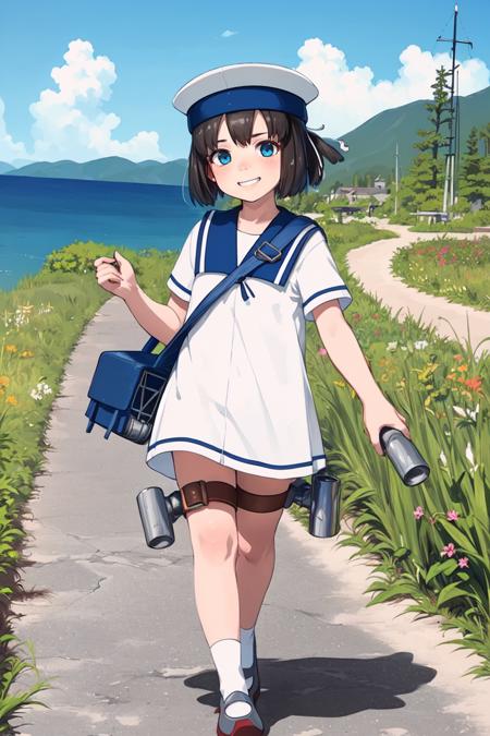 (masterpiece), (best quality), (ultra-detailed), photorealistic, (best illustration), (an extremely delicate and beautiful), 1girl, solo, sailor dress, blue sailor collar, (full body), sailor hat, kcdaitou, (bob cut), ponytail, blue eyes, black hair, grin, shoulder strap, (shoulder bag), (extremely detailed scenery),BREAK thigh strap, (depth charge:1.44), white socks, shoes, standing, naval dock, walking, looking at viewer,