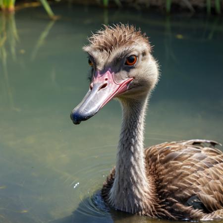a duck-ostrich-hybrid, (duck body:1.3), (ostrich head:1.1) with a (duckbill:1.2), swimming on a small pond, nearly transparent clear water, insects, 16k, UHD, insane details, award-winning photo,  <lora:xl_more_art-full_v1:0.5>, <lora:add-detail-xl:0.5>