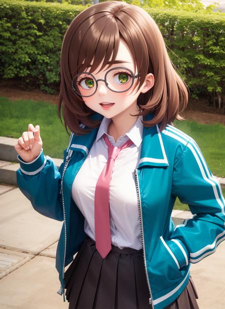 masterpiece, best quality, ultra-detailed, illustration,  <lora:yuzuriha_maimai-10:0.9>, yuzuriha_maimai, thick eyebrows, brown hair, green eyes, medium hair, glasses, round eyewear, track jacket, green jacket, open jacket, white shirt, collared shirt, shirt tucked in, pink necktie, pleated skirt, black skirt, outdoors, japanese, teen, upper body, naughty face