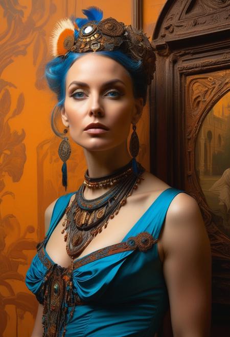 Provocative woman as main subject. castle as background.Gorgeous, beautiful, multicolored hair, blue eyes, excentic, Ben Bauchau, Michael Garmash, Daniel F Gerhartz, Clint Cearley, Carne Griffiths, Jean Baptiste Monge, strybk style, warm dreamy lighting, matte background, volumetric lighting, pulp adventure style, fluid acrylic, dynamic gradients, bold color, illustration, highly detailed, simple, smooth and clean vector curves, vector art, smooth, johan grenier, character design, 3d shadowing, fanbox, cinematic, ornate motifs, elegant organic framing, hyperrealism, posterized, masterpiece collection, bright lush colors, TXAA, penumbra, alcohol paint, wet gouache, ultrarealistic, film grain, surreal, moody, ethereal fantasy, amazing depth, cinematic film still, sharp focus, (James Christensen),bohemian,Boho gypsy, Gustav Klimt, (Anne Bachelier:1.2), (Lillian Bassman, Erwin Blumenfeld),shabby chic,, 1920s retrofuturism, industrial, art deco, coherent, (Dieselpunk:1.3)