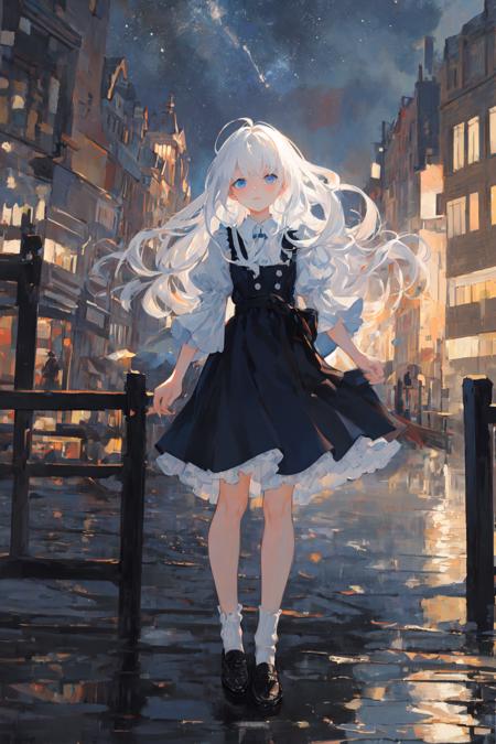 masterpiece, best quality, oil painting, impressionism, colorful, scenery, night, starry sky, city lights, 1girl, messy white blue hair, gradient blue eyes, frilled black dress, puffy sleeves, socks, loafers