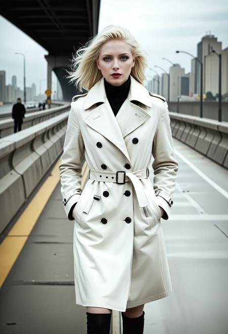 rating_safe, breathtaking detailed, masterpiece, absurdres, awe-inspiring, best quality, vibrant colors, (elegant pale-skinned woman with platinum blonde hair), BREAK (icy blue eyes, sharp facial features, deep red lips), (serious facial expression), walking confidently along a city overpass, BREAK (wearing a double-breasted ivory trench coat), (black fitted dress underneath), (houndstooth scarf around her neck), BREAK (hands partially in coat pockets), (urban background with concrete barriers and overpass architecture), overcast sky, BREAK (light traffic in the distance, muted color tones), (wind gently blowing her hair), (natural lighting, soft shadows), (cinematic fashion photography)     <lora:sdxl_Lumiya_SDXL.safetensors:0.8:0.8> <lora:sdxl_crazywhatever-style.safetensors:1.0:1.0>