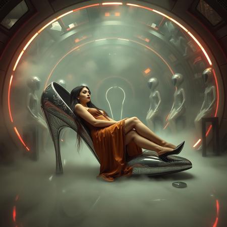 tall slender elegant slavic femme fatal  lays in giant high heel foil shoe ,  under dimension portal to another galaxy , dressed in sexy glossy satin side slit 1920s nightgown ,  pefect legs in lace trim stockings and d'orsay high heels, small feets, alien spaceship chamber, surrounded by beauty models encased in  hi-tech stasis tubes at background,  fog, mirrors, hi-tech, sci-fi, scifi, mind control, steel, foil, hypno, romance,  lipstick, long hair, heavy makeup,  red nails, long hair, green eyes, sharp cheekbones, ultra thin waist , seductive, feminine, mysterious, alluring, red lasers