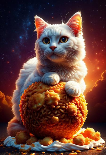 Ultrarealistic. sharp focus, dynamic lighting. play of light, Raytracing, Ultra detailed. (((DFC Style))). A cat on top of a ball made of deep fried & crispy breading in a flamboyant scenery.