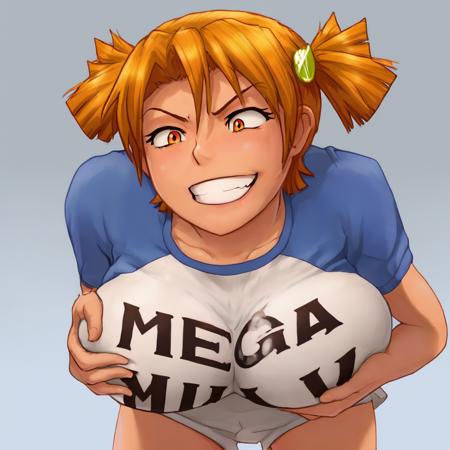 megamilk pose, megamilk t-shirt, text "MEGA MILK", large breasts, grin  grabbing own breasts