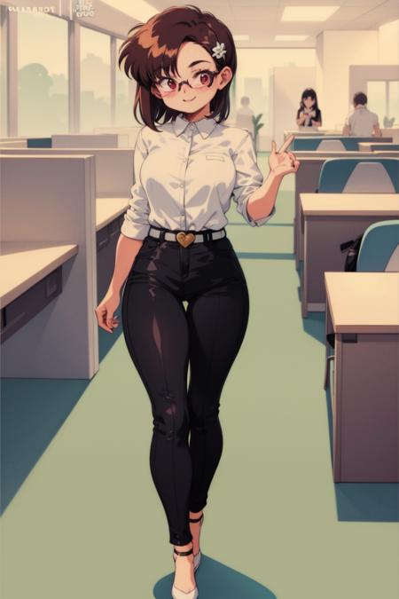 full body,  
1girl, solo, brown hair, smile, looking down, office lady, red eyes, glasses, detailed , pants, belt, short hair, black hair, white shirt, black pants, hair ornament, 
 <lora:BluetheboneArtist-13:1.1> , bluetheboneaistyle, flat colors,1990s \(style\),