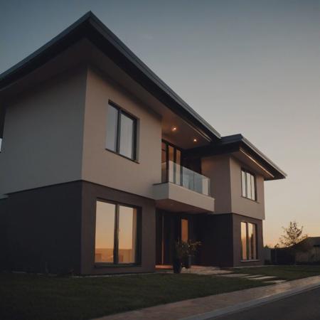 cinematic still award photo, view side, full facade one stunning house building with roof on the street, doors, sky background around, sharp edge . emotional, harmonious, vignette, highly detailed, high budget, bokeh, cinemascope, moody, epic, gorgeous, film grain, grainy