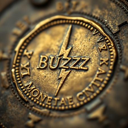 Closeup of a ancient Rome detoriated gold coin with lightning bolt symbol and text in ancient font saying BUZZ, text in around in circle shape saying "MONETAE CIVITAI", realistic, masterpiece, dramatic light, depth of field