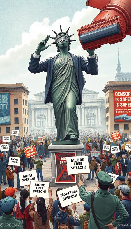 masterpiece of photography, dyanimic framing, an incredible image,A satirical drawing of a government official with an oversized censor stamp in hand, ready to strike down any "unfit" ideas or opinions that are being shouted by citizens from rooftops. The scene is set in a bustling city square where people are gathered around a statue of Lady Freedom, now wearing a blindfold and gagging herself. On the walls surrounding the square, posters with bold words like "Censorship is Safety" and "Silence for Order" can be seen.  In one corner of the cartoon, a group of activists is trying to hold up signs that read "More Free Speech!" but are being swatted,