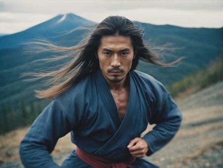 sci-fi, portrait photo of man , face, long hair, slim body, high quality, film grain,motion,samurai,japanese mountain,1000, polaroid, grainy,Montreal,fight on background,A cinematic shot,motion,motion blur,(rush, motion blur),ghostly