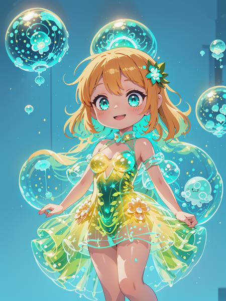 breathtaking 8k, masterpiece, adorable chibi girl, ((bioluminescent dress)), <lora:bioluminescent_dress-1.0:1>, cute, big smile, simple background, bubbles