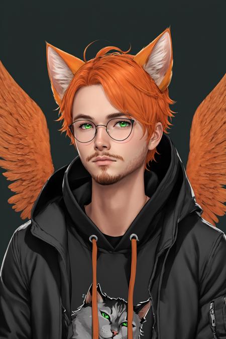 Roiadan Vanzey,  solo,  looking at viewer,  simple background,  1boy,  animal ears,  green eyes,  jacket,  male focus,  wings,  cat ears,  hood,  orange hair,  hoodie,  facial hair,  black background,  feathered wings,  beard,  freckles,  kemonomimi mode, <lora:EMS-43353-EMS:0.400000>