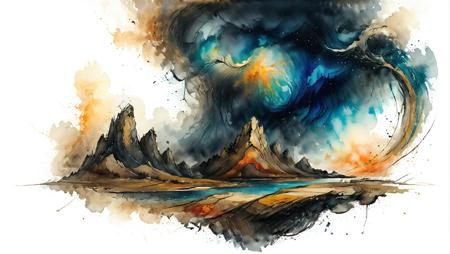 thunderstorm, landscape scenery, watercolor and ink style, white background, artistic and abstract, whirlwind, key visual, ink painting art, vibrant colors, minimalism, soft brush strokes <lora:Cute_Drawing:0.8> <lora:hyperkraximalism_v1-1:0.8>