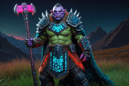 an orc chieftain made out of RGB Keyboards, with graying hair, green skin, wearing a fur cloak with bone trophies, holding a warhammer, solo, from the Fireforge Clan, with blackened armor flashing with RGB lights and fiery orange tattoos, a digital mountain pass with RGB rocky terrain, neon path, distant peaks with RGB lights, detailed background, forging a weapon, hammering on an anvil, with RGB lights flashing, sneaky, sly grin, with flickering RGB lights, wide shot, a neon blacksmith competition with orcs forging, sparks with RGB lights flying, crowds watching, a glowing RGB walking stick with RGB lights, nearby, on a neon grass plain, soft grass with RGB lights, pulsing RGB clouds with RGB lights, vibrant and dynamic, twilight, soft purple hues, stars emerging, cool air, best quality, vibrant colors, realistic style, high detail, high-definition, hyper-realistic, extremely high-resolution details, fine texture, incredibly lifelike, realistic, not cartoon, not drawing, highres, 4K resolution, source photo, realistic photo, masterpiece, best quality, amazing quality, very aesthetic, ultra-detailed, detailed textures, natural lighting, soft light, neon RGB colors, vibrant reds, blues, greens, holographic glow, futuristic and shimmering, overhead shot, <lora:RGB_Keyboard_themed-000008:1>