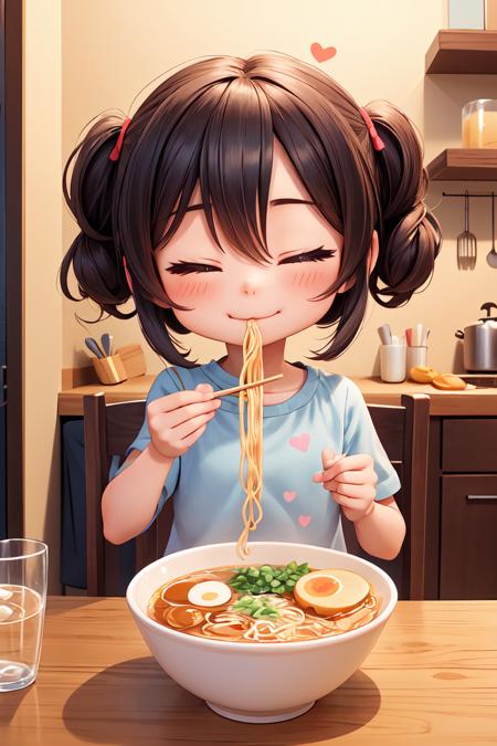 (masterpiece, best quality),1girl,solo,cute face,kawaii,ramen,chopsticks,drinking glass,eating,heart,happy,closed eyes,closed mouth,<lora:ramen_v1.4:1>,kitchen,<lora:more_details:0.3>,<lora:GoodHands-vanilla:1>,chibi,