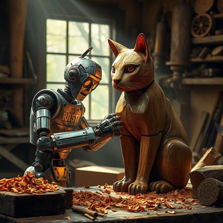 Rusty robot in his workshop carving a statue of a cat out of wood, wood chips, dramatic light, dappled light.
