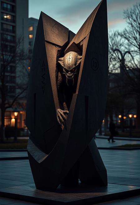 abstract sculpture, hidden monster, surreal urban setting, abstract form with sharp edges, mysterious shadow, monster blends into the sculpture, only recognizable in shadow, dynamic lighting, high contrast shadows, subtle movement, surreal proportions, dark and eerie atmosphere, detailed textures, intricate stone and metal design, urban park at dusk, glowing eyes peeking through the sculpture, shifting form as you pass by, haunting presence, humanoid monster, stone-like appearance, cryptic symbols etched into the surface, blending seamlessly with the environment, fantasy realism, eerie glow, hidden details, enigmatic design