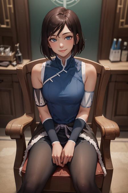 (masterpiece, best quality:1.2), <lyco:thelegendofkorra_korra-10:1.0>, 
solo, 1girl, korra, dark skin, dark-skinned female, smile, looking at viewer, sitting in a chair, short hair, sleeveless, bare shoulders