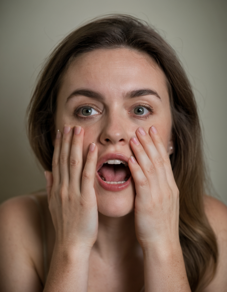 A photo of a (frightened woman:1.3), grimace of fear and terror, (expressive eyes wide open:1.2), pale skin, trembling lips, (dramatic moment:1.1), heightened emotion, intense fear, close-up portrait, high contrast lighting, deep shadows, vivid detail, Canon EOS 5D Mark IV, 1/125s, f/2.8, ISO 800, raw emotion captured, high-resolution, professional grade,