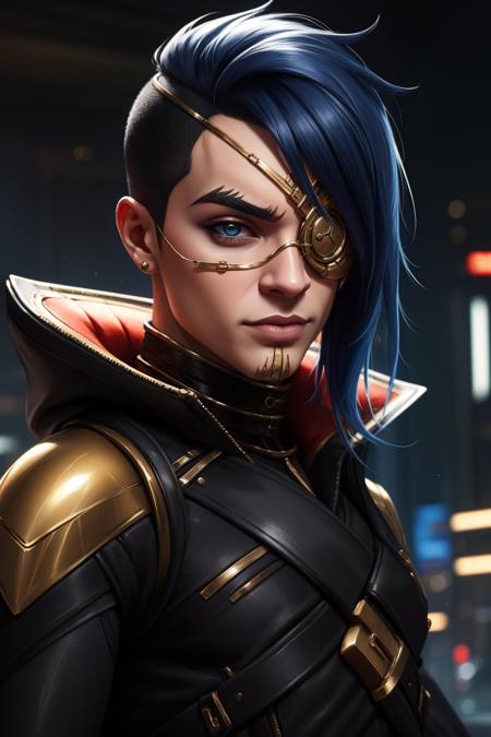 (masterpiece, best quality:1.2), intricate details, <lora:odyssey_kaynV2-000014:1>, odyssey kayn, 1boy, male focus, asymmetrical hair, asymmetrical clothes, eyepatch, upper body, detailed background, cyberpunk