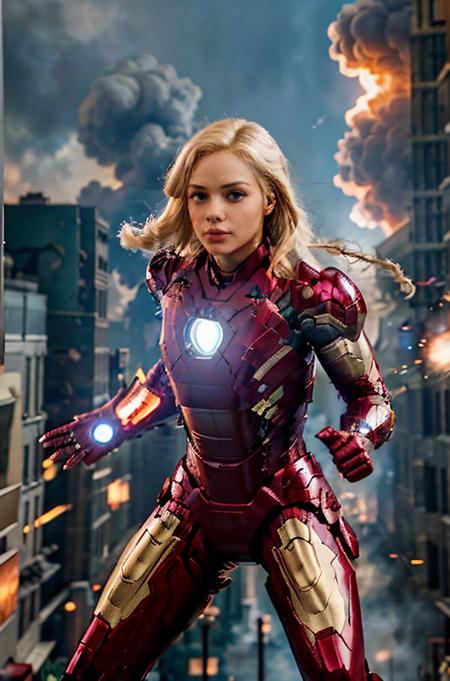 Professional photograph of epic action heroine, she's 25 year old blonde woman <lora:quiron_ElsaJean_v1_lora:0.6>, elsajeanquiron she's wearing the Iron Man <lora:iron_man:0.65> power suit, power armor, intense focus expression on her face, she's flying through the streets of Washington DC, it's night time, there's cyberpunk lighting, fire explosions, rave-lighting,  she's flying and blasting energy from her gauntlets. Full red and gold iron man power armor, 4k, 8k, masterpiece, Marvel Cinematic Universe, Zack Snyder, epic shot, award winning movie poster  <lora:Cyberpunk_style:0.4>