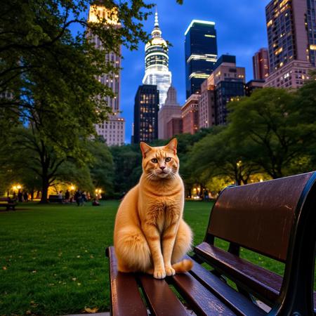 a large ginger cat sits on a bench in Central Park, the lush greenery of the park contrasts with the background of tall skyscrapers of a vibrant city. brightly lit