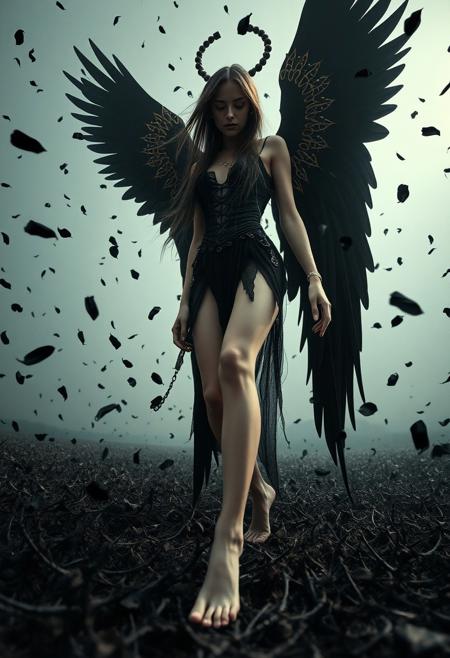(Soft Lighting Photography by Mimoza Veliu and Mario Giacomelli:1.2), NSFW, A full-body shot of a surreal, dark goddess captured from a low-angle side view, focusing on her feet. She has long, flowing cyberpunk hair and wears an outfit with black and gold angel wings. She walks barefoot over a ground covered in sharp black thorns. Her face is delicate yet haunting, with a hint of wickedness in her expression. She has an alluring and dangerous posture, surrounded by black petals swirling in the air. The scene is filled with a mix of eerie light and shadows, set in a dark and menacing color palette. sexy, dynamic poses,