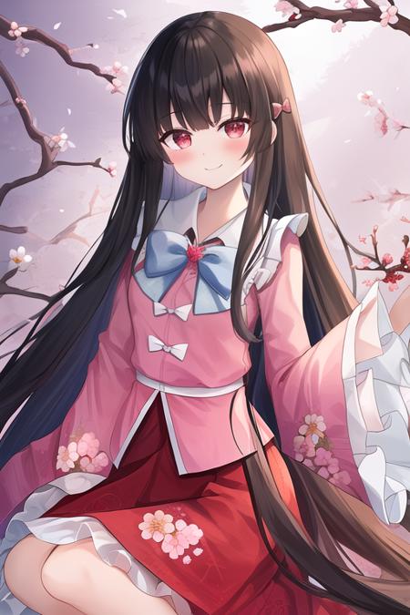 masterpiece, best quality, highres, solo, {houraisan_kaguya_touhou:1.10}, long_hair, black_hair, very_long_hair, bow, smile, bangs, hime_cut, red_eyes, brown_eyes, 1girl, bowtie, long_sleeves, looking_at_viewer, pink_shirt, red_skirt, shirt, skirt, white_bow, white_bowtie, wide_sleeves, frills, branch, frilled_shirt_collar, holding, sidelocks, jeweled_branch_of_hourai, blunt_bangs, blush, floral_print, long_skirt, sleeves_past_wrists